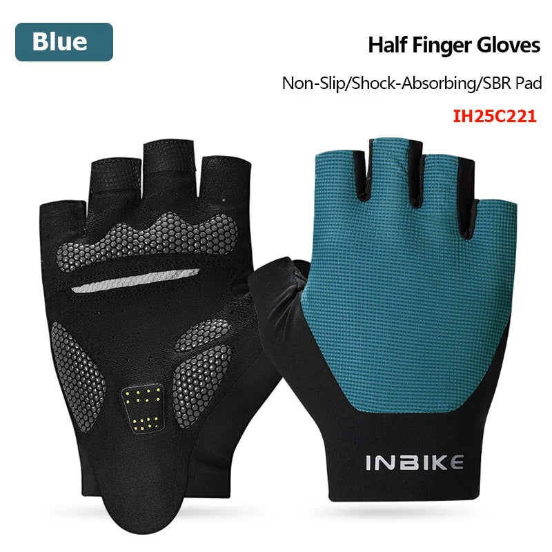 Black and blue half finger gloves with INBIKE branding on a white background