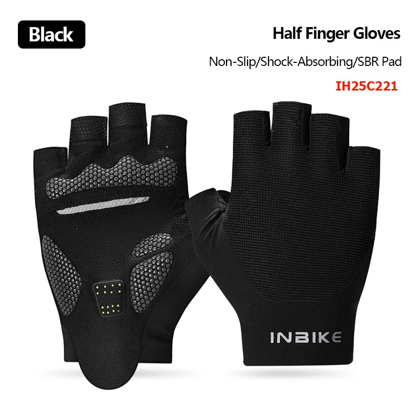 Black half-finger gloves with INBIKE branding on a white background