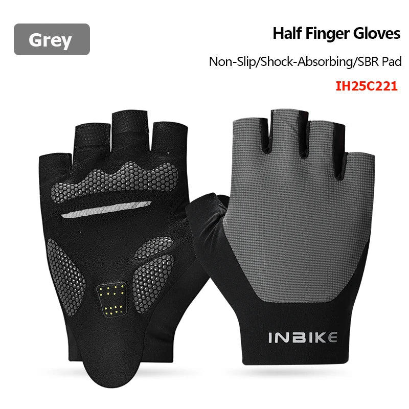 Black and gray half finger gloves with INBIKE branding on a white background