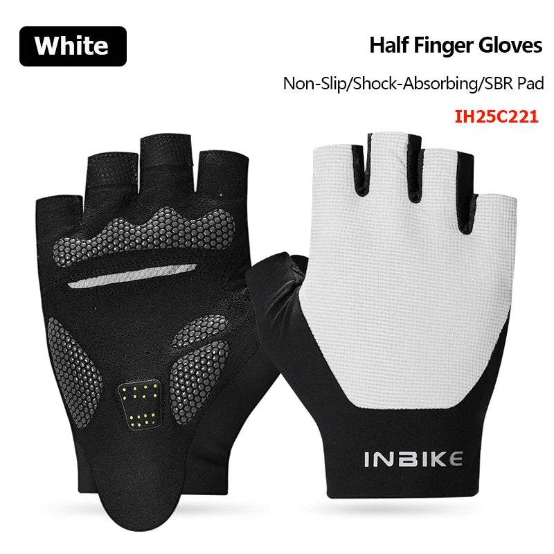 Black and white half finger gloves with INBIKE branding on a white background