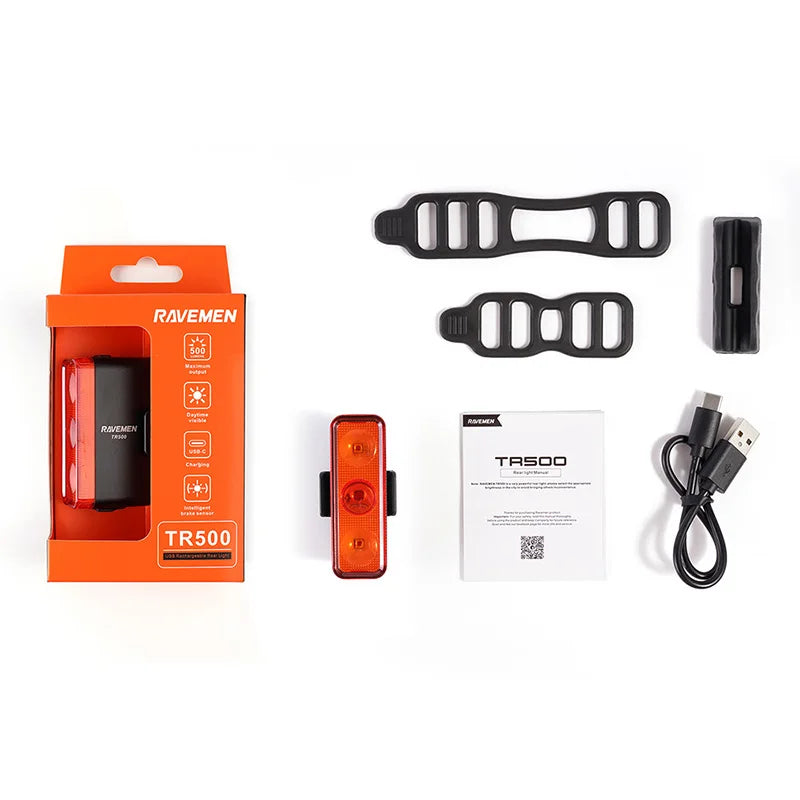 RAVEMEN K1800+TR500 bicycle lights with battery capacity of 5000 mAh (front) / 1600 mAh (rear) / Highly efficient LEDs with max 1800 lumens