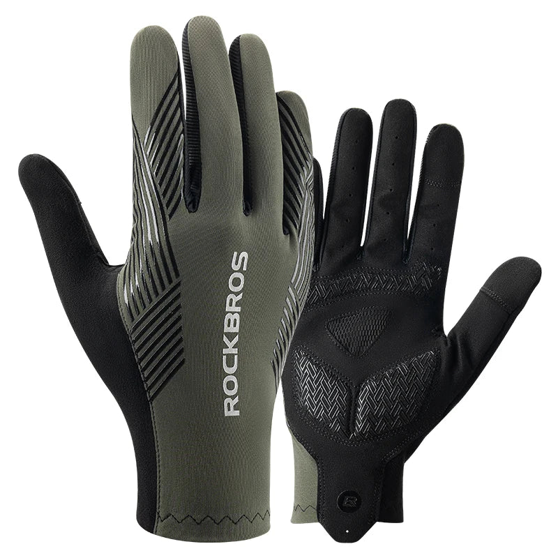 Pair of gray and black gloves with 'RockBros' branding on a white background