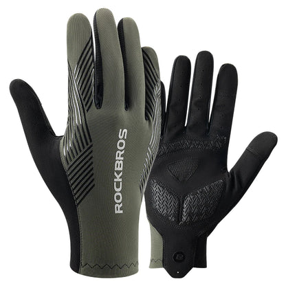 Pair of gray and black gloves with 'RockBros' branding on a white background
