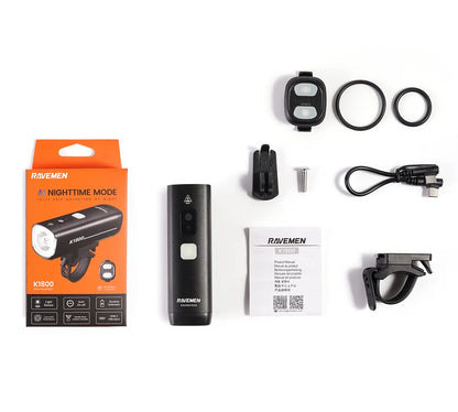 RAVEMEN K1800+TR500 bicycle lights with battery capacity of 5000 mAh (front) / 1600 mAh (rear) / Highly efficient LEDs with max 1800 lumens
