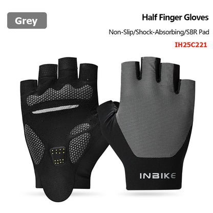 Black and gray half finger gloves with INBIKE branding on a white background
