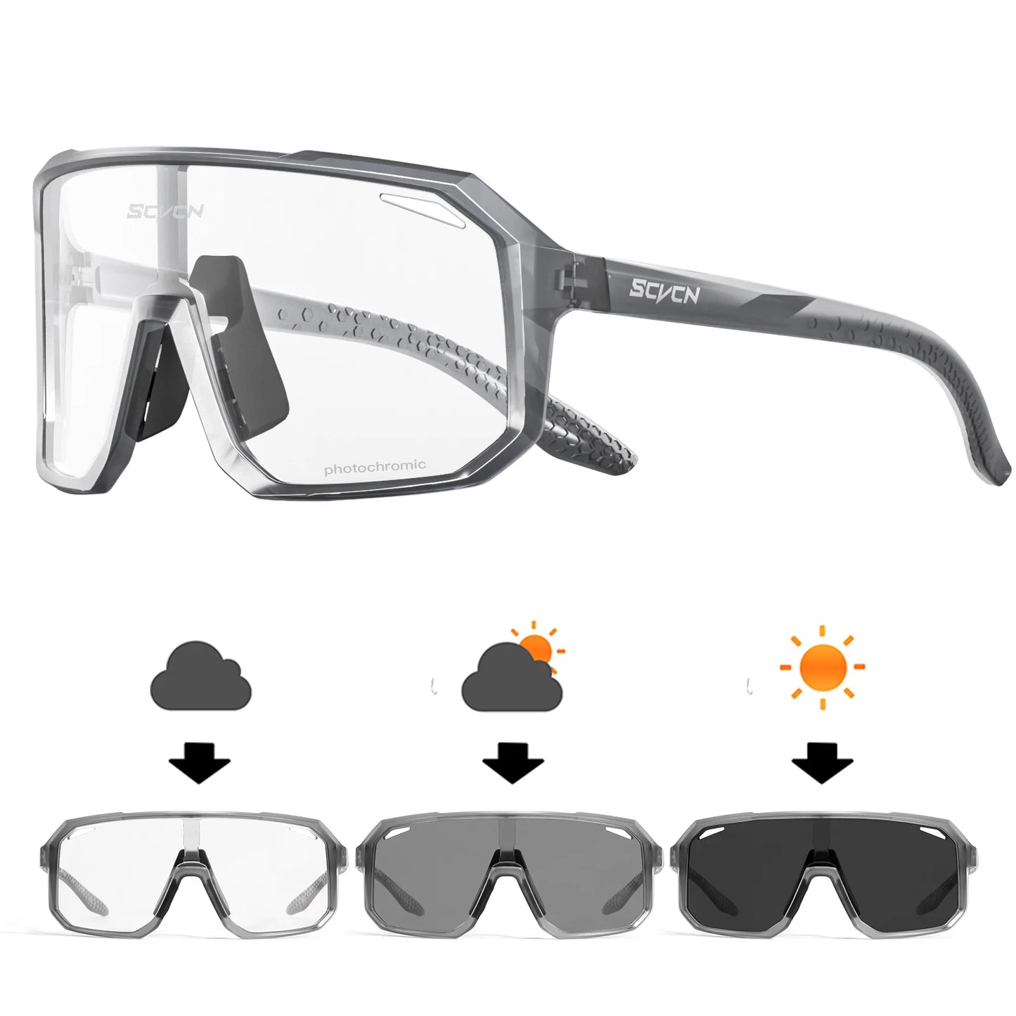 Scvns photochromic sunglasses with clear, gray, and dark lenses on a white background