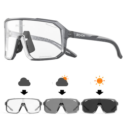 Scvns photochromic sunglasses with clear, gray, and dark lenses on a white background