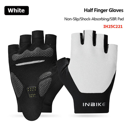 Black and white half finger gloves with INBIKE branding on a white background