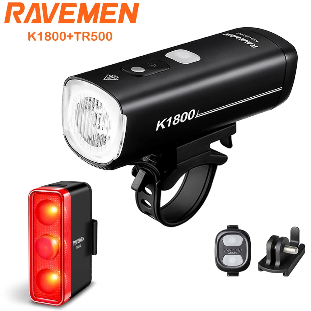 RAVEMEN K1800+TR500 bicycle lights with battery capacity of 5000 mAh (front) / 1600 mAh (rear) / Highly efficient LEDs with max 1800 lumens