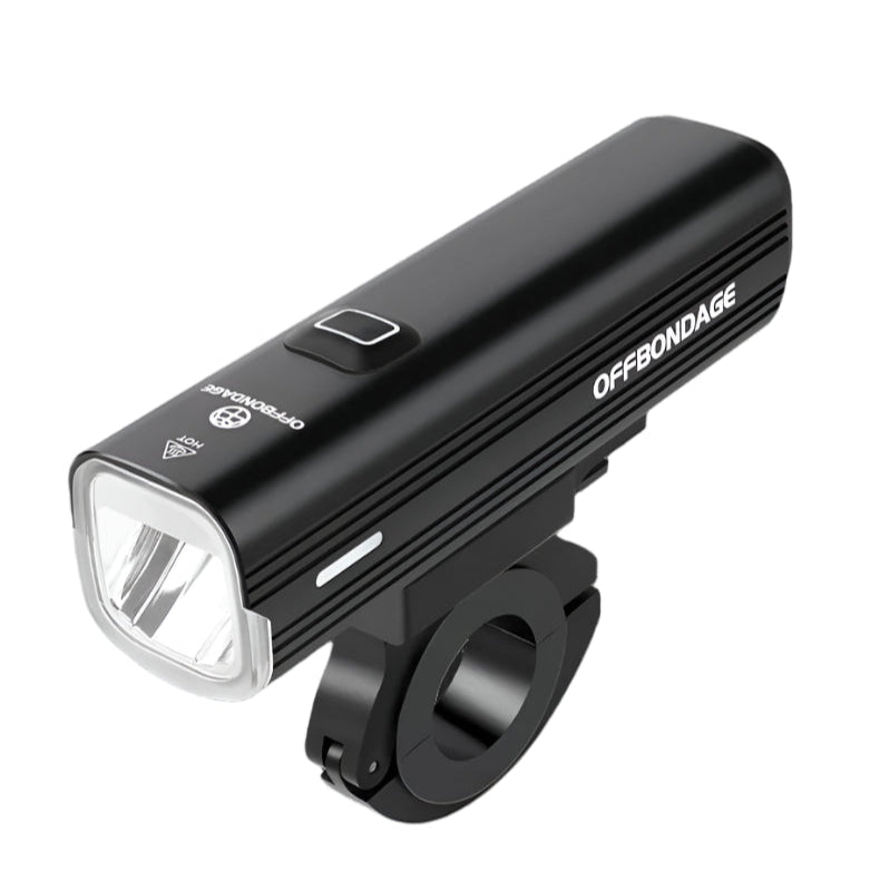 Black bicycle light with 'OFFBONDAGE' branding on a black background