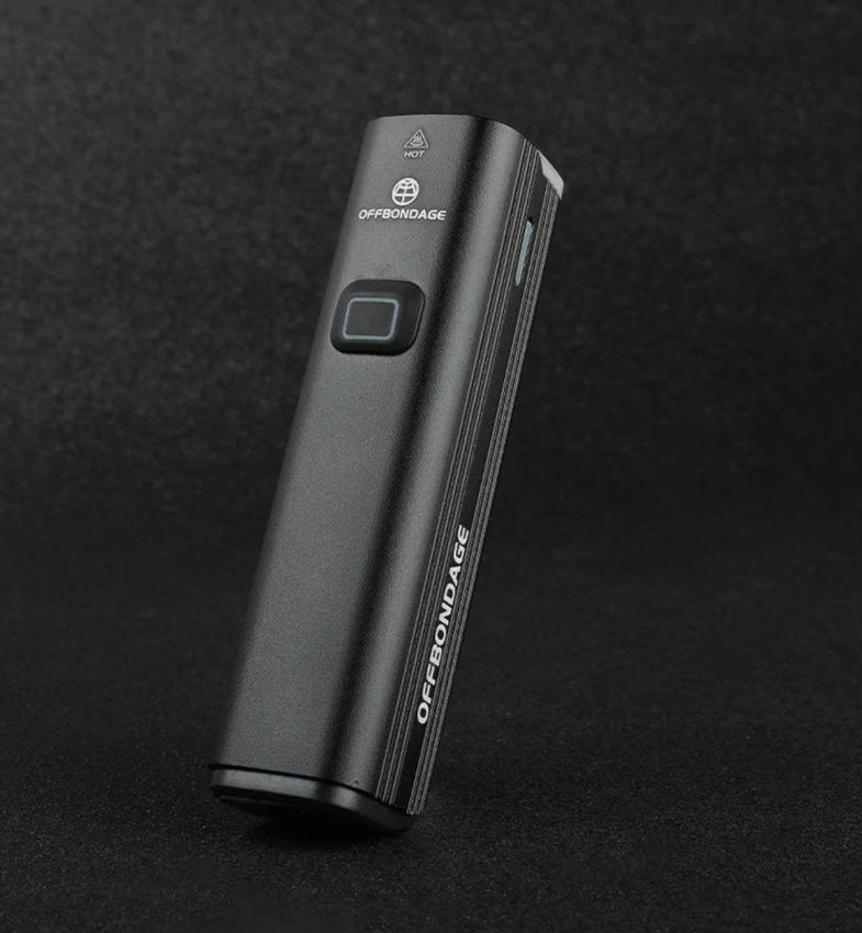 Black electronic device with 'OFFBONDAGE' branding on a dark background