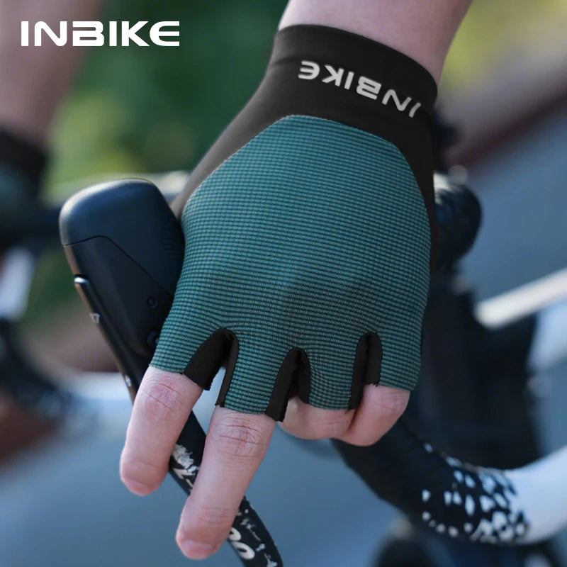 Green cycling glove with 'INBIKE' branding on a blurred background