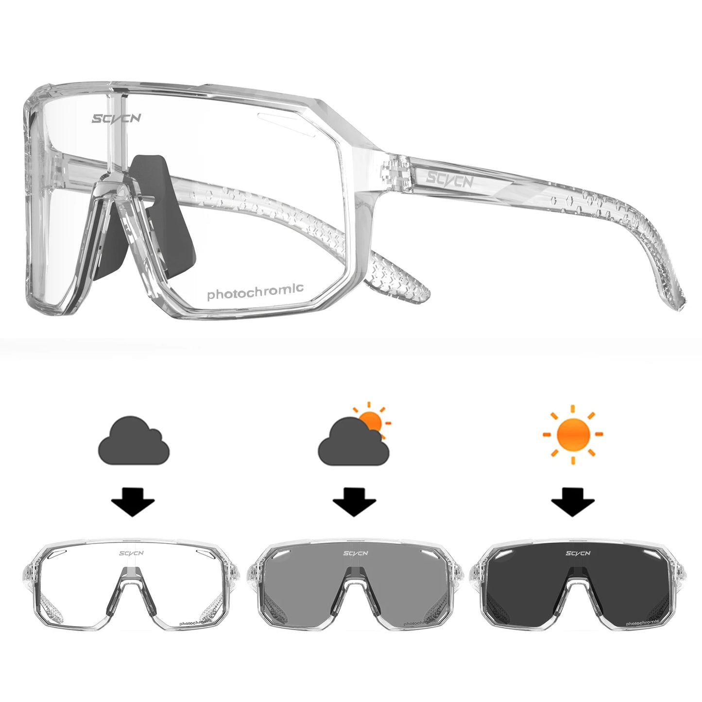 Sunglasses with photochromic lens options on a white background